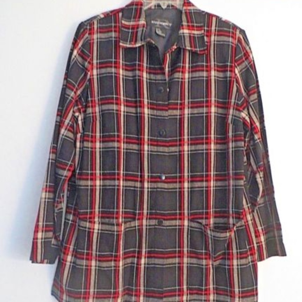 ( SALE) REQUIREMENTS BLACK/RED PLAID LINEN BLEND JACKET